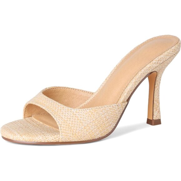Shoes - Women's Apricot Slip On Kitten Mule Slides Woven Heels Rubber Sandals Dress